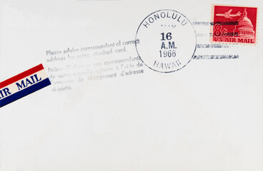 vintage retro alt old briefumschlag envelope usa amerika america honolulu hawaii briefmarke stamp rot red gestempelt used frankiert cancel airmail luftpost 1966 flugzeug capitol papier paper