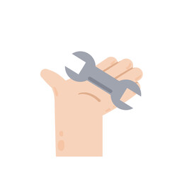 Hand holding and giving wrench. Work of mechanic and repairman. Technical work and maintenance. Service tool.