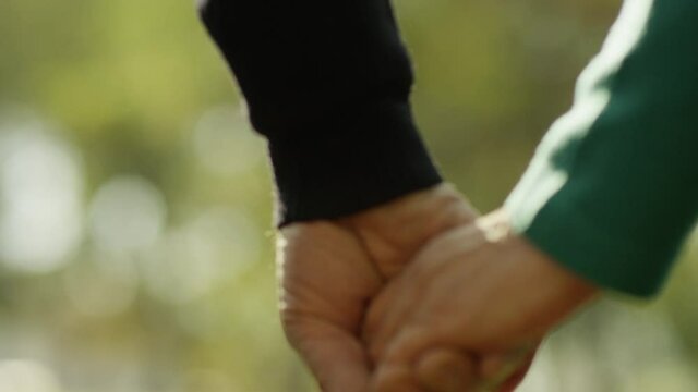 4K Back view of elderly couple holding hands while walking together in park . Senior couple on a walk in autumn nature. Happiness people lifestyle. Closeup of elderly couple hand. Slow motion footage 