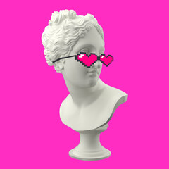 Funny illustration from 3d rendering ofhead sculpture Venus in pixel glasses. Isolated on pink...