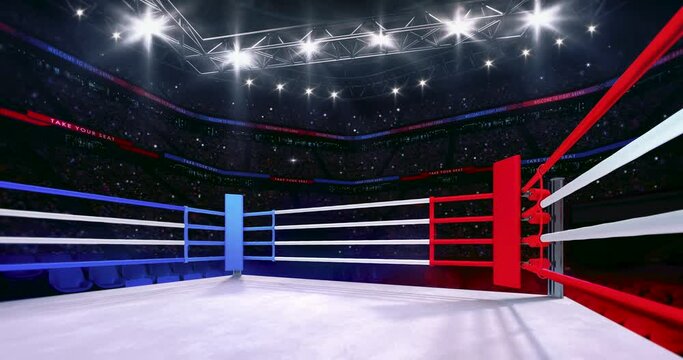In the boxing ring. Animation of sport arena with fans and spotlights light up. Indoor sport 4k video background.