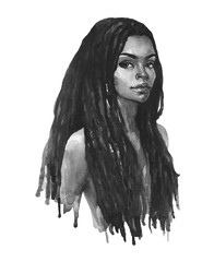 Watercolor beautiful african woman with dreadlocks. Painting black and white illustration. Hand drawn portrait of lady on white background. - 454600424