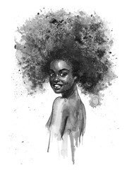 Watercolor beautiful african woman. Painting black and white illustration. Hand drawn portrait of smiling lady.