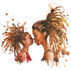 Watercolor portrait of mother and daughter, cheerful african people. Hand drawn family portrait on white background. Painting realistic illustration. - 454600658