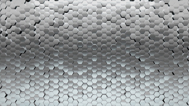 Silver Tiles arranged to create a Luxurious wall. 3D, Glossy Background formed from Hexagonal blocks. 3D Render