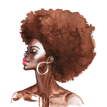 Watercolor curly african woman. Hand drawn portrait of pretty lady on white background. Side view. Painting fashion illustration.