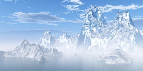 ce mountains in the fog, iceberg in the ocean ,, 3d rendering
