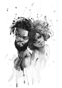 Watercolor african woman and man. Hand drawn portrait of beautiful couple on white background. Painting fashion abstract illustration.
