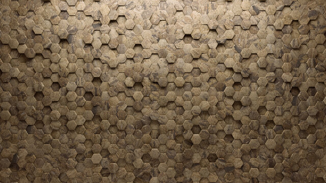 Natural Stone Tiles arranged to create a Textured wall. 3D, Hexagonal Background formed from Semigloss blocks. 3D Render