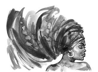 Watercolor african woman with turban. Hand drawn portrait of lady on white background. Side view. Painting fashion black and white illustration.