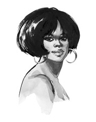 Watercolor african woman with hair cut. Hand drawn portrait of smiling lady on white background. Painting fashion black and white illustration. - 454601851