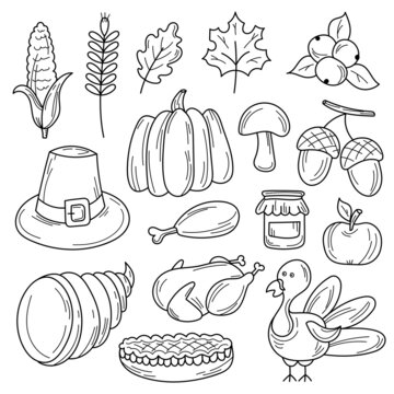Colorful vector hand drawn doodle cartoon set of objects and symbols on the Thanksgiving autumn theme. Black and white