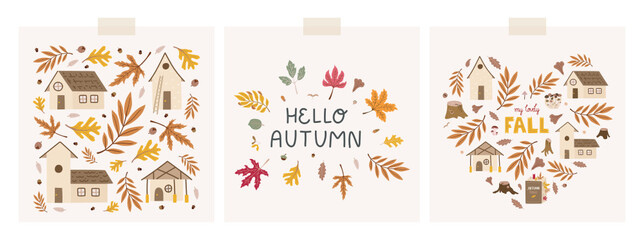 Collection of greeting cards with cute doodle hand-drawn illustrations - square composition with houses and fallen leaves, heart composition and calligraphy hello autumn decorated with leaves.