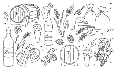 A set for the production of beer. Ears of wheat or barley. Barrel. Hop cones. Bags of crops. Vector illustration in the doodle style. A design element for a poster, map, menu, logo, icon. Oktoberfest