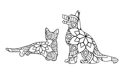 Dog and cat on white. Zentangle. Hand drawn animals with abstract patterns on isolation background. Design for spiritual relaxation for adults. Black and white illustration for coloring. Zen art