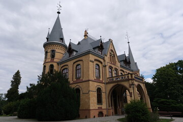 Fototapeta premium Wiekszyce, Poland - August 17, 2021: Wiekszyce Palace (1852). During the war it housed a military hospital and later the People's University. Since 2003 it houses a restaurant. Opole Voivodeship