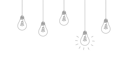 One continuous line drawing of hanging light bulbs with one glowing. Concept of creative idea in simple doodle style. Editable stroke. Vector illustration