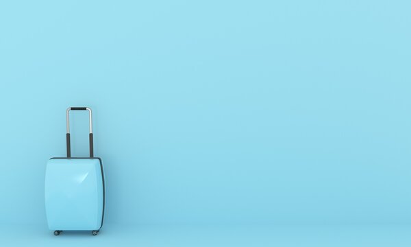 3d suitcase baggage or luggage on blue pastel color background space for text travel concept