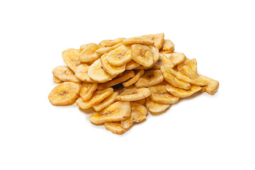 Banana chips isolated on a white background. Dehydrated banana.