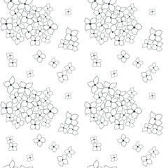 Vector seamless pattern of trendy black hydrangea doodle flowers on white background. Endless backdrop, digital freehand drawn botanical ornament for textile, scrapbooking, wrapping paper, invitations