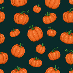 Pixel art halloween seamless pattern. 8 bit gamer retro style repeatable background with a lot of pumpkins. Vector pixel art pattern.