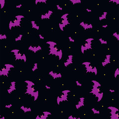 Pixel art halloween seamless pattern. 8 bit gamer retro style repeatable background with a lot of purple bats. Vector pixel art pattern.