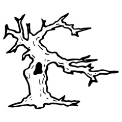 hand drawn halloween old tree illustration in doodle style