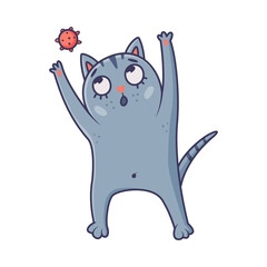 Funny Blue Cat with Striped Tail Playing with Rubber Ball Vector Illustration