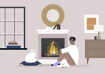 A young male Black character sitting on the floor in front of the mantelpiece, cozy winter interior, pet friendly environment