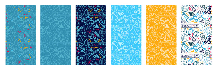 A set of seamless patterns of different colors with sketches on the topic of SEO. They are well suited for the Background, Story, Banner