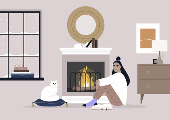A young female Asian character sitting on the floor in front of the mantelpiece, cozy winter interior, pet friendly environment