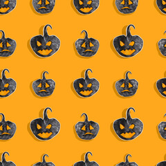plasticine 3d illustration of Halloween. seamless pattern. pumpkins with different emotions on an orange background