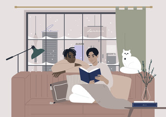 Cozy winter interior, a gay couple reading a book together, Christmas holidays