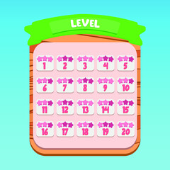 Wooden patterned mobile app UI popup level panel green written cartoon starry. premium vector