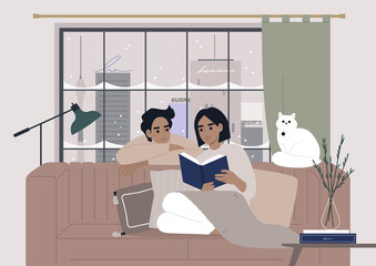 Cozy winter interior, a couple reading a book together, Christmas holidays