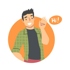 Young Man Saying Hello and Showing Hand Greeting Gesture Vector Illustration