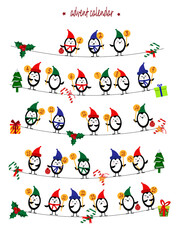 Advent calendar with penguins. Christmas print. Vector illustration isolated on white background. For children, prints, postcards, congratulations, gifts.