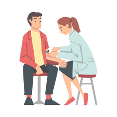 Obraz premium Medical Check-up with Female Doctor in White Coat Examining Patient Taking Blood Vector Illustration