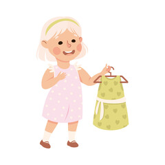 Little Blond Girl in Her Childhood Holding Pretty Dress on Clothes Hanger Vector Illustration