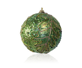 Green sequined Christmas ball isolated on a white background with reflection.A Christmas decoration,a festive accessory.Decoration for the Christmas tree.