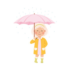 Little Blond Girl in Her Childhood Walking Under Umbrella in Rainy Day Vector Illustration