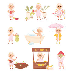Little Blond Girl in Her Childhood Bathing, Walking with Umbrella and Selling Lemonade Vector Set