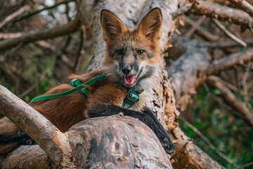 Domestic fox for a walk in the woods. Beautiful fox close-up 