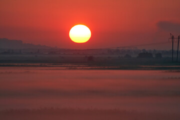 View of industrial buildings and structures in predawn fog and red sky with large sun disk