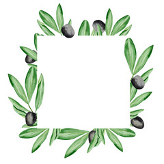 Black olives on a branch watercolor card frame. Template for decorating designs and illustrations.