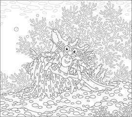 Hermit crab in a fancy spotted shell on a tropical reef in a southern sea, black and white outline vector cartoon illustration for a coloring book page