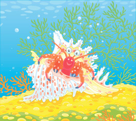 Hermit crab in a fancy shell with bright spots on a tropical reef in a southern sea, vector cartoon illustration
