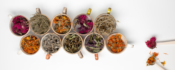 Assortment of dried relaxing tea herbs in colourful cups on white background close up. Calendula, mint, anise hyssop, monarda didyma, wormwood, sage leaves.