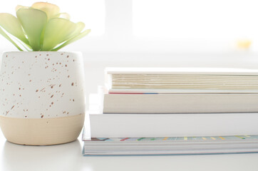 Books on the desk with white background, light colors, neutral colors are perfect for blogs. 