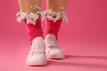 Obraz na płótnie Canvas Woman with beautiful tender flowers in socks on pink background, closeup. Space for text